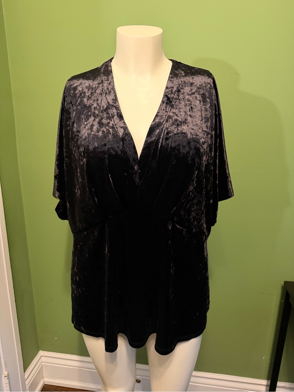 Penningtons Women’s Black Velvet V-Neck Draped babydoll crushed velvet Top 3X